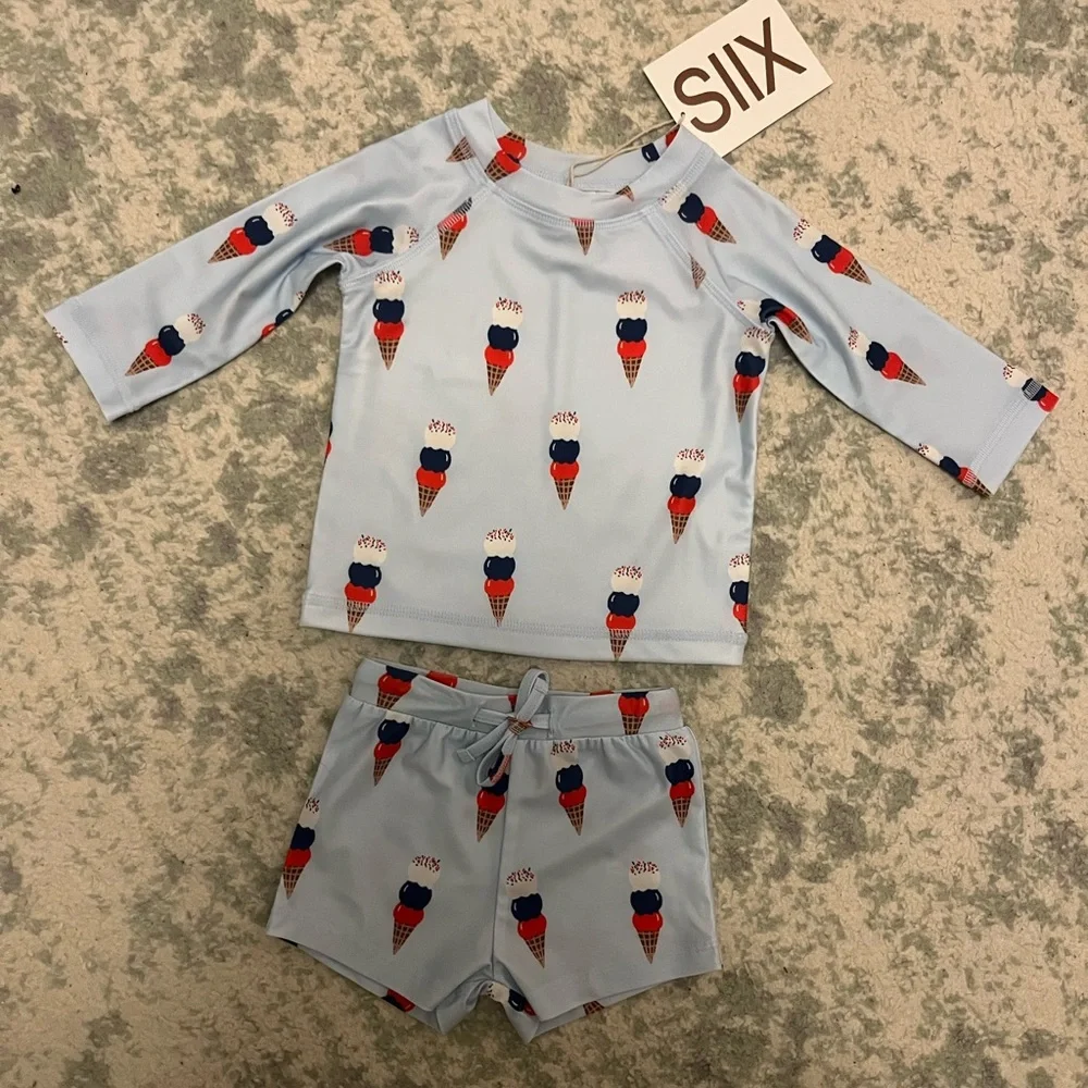 NWT SIIX Spearmint Love Ice Cream Patriotic Rash Guard Swim Trunks Set UPF 50+